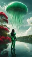 Placeholder: Photorealistic Photo Of A long black-haired woman in a green robot suit, Looking Out Over A Lake With jellyfish with red Tentacles, Tall Narrow Cloud Trees In The distance with an alien sky