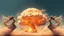 Placeholder: a nuclear explosion cloud(middle), the wind and smoke from the explosion forming shapes of dancing women(left and right sides), religiose art, fantacy