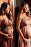 Placeholder: Gina Rodriguez mid-transformation, hair shifts to blonde curls, maternity dress adjusts, tightens around waist and hips, subtle pregnancy bump emerges, facial features refine, evolving into a radiant appearance. Maternity dress now conforms more gracefully, hinting at the emerging curves, waist, and pregnant silhouette. The changing room, softly illuminated, mystical symbols enhancing the ambiance, capturing the enchantment as Gina undergoes the magical journey at "The Mystic Emporium."