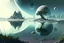 Placeholder: Alien landscape with grey exoplanet in the sky, Lagoon reflection, vegetation, sci-fi, concept art, movie poster