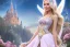 Placeholder: castle in background, beautiful, soft, big smiling, straight and long blonde hair, blues eyes, dewy and shiny atmosphere, diamond crown, long fairy wings in the back, full head, pink veil clothes