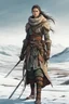 Placeholder: create a sketchy, hand drawn, full body, young, otherworldly lost Siberian nomadic female huntress concept art character, with highly detailed, sharply lined and deeply weathered facial features in a desolate tundra steppe landscape , in natural winter tundra colors, 4k