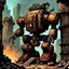 Placeholder: 90's fantasy tcg art of a giant junk robot made of multiple parts in the ruins of a post apocalyptic city