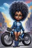 Placeholder: create an airbrush illustration of a chibi cartoon voluptuous black female wearing a blue jean outfit with a tie dye tshirt with biker boots. Prominent make up with hazel eyes. Extremely highly detail of a tight curly black and shiny afro. Background of a bike show