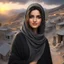 Placeholder: Hyper Realistic close-up-view of Beautiful Happy Pashto Girl with beautiful hair & beautiful eyes fully-covered-in-black-dress-&-grey-shawl standing outside village-houses on mountain-top with cloudy-sunset showing dramatic & cinematic ambiance