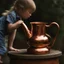 Placeholder: The reflection of a child on the surface of an old copper teapot