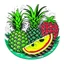 Placeholder: A tropical fruit platter with pineapple and watermelon slices, vibrant, refreshing, overhead lighting, T-shirt design graphic, vector, contour, white background