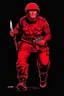 Placeholder: russian soldier(uniform and face based on racist steriotypes) running towards viewer, a knife i one hand, and a gun(barrel pointing at viewer) in the other. blocky retro 1960's jack kirby style poster in monochrome with white background