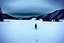 Placeholder: in the distance side a wiev a figure in dark clothes and long black leather coat lies on his back in the snow and looks the sky in a winter landscape, alone, white snow, high contrast, cold, winter, mountains, white, blue, gray and black colors, cinematic, atmospheric, dark, gloomy, best shot