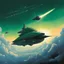 Placeholder: [art by Moebius] A dark green spaceship with two large engines on the sides is flying through clouds. It has a triangular shape with a reactor at its front and looks like it could be from Blade Runner. It's leaving behind a long trail of light as its engine fires off on one side. A planet can be seen far away above the ship. Photorealistic in the style of concept art.