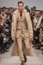 Placeholder: a men winter fashion runway with moderna clothes hugely inspired by Superman style, embroidery elegante fashion beige tones