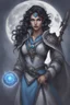 Placeholder: Drawing of a female Moonelf twilight cleric with black, curly, short hair and blue eyes, wearing gray robes. Etheral, muscular.