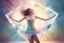 Placeholder: inside of a huge diamond a beautiful brunette woman dancing happily and dynamically, the diamond is in the opened palm of God, S<AI in sunshine, ethereal, cinematic postprocessing, shiny metallic pastel watercolor