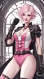 Placeholder: A close picture to blind vampire with white and pink short hair, slave, Tusks, malicious smile, Handcuffs, Weapon handcuffs in dreamshaper finetuned model with dynamic art style witg