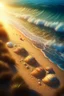 Placeholder: magic sea, beach with sand, shells, realistic, professional photo, 4k, top view, sanset, surf