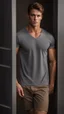 Placeholder: ultra realistic photograph of a muscular 25 year old male with short light brown hair and steel gray eyes wearing a loose fitting shirt