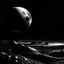 Placeholder: in space and black and white planet in the distance that looks like a moon