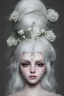 Placeholder: white girl, white hair, white roses, Camilla d'Errico, fantasy art, concept art, hyper detailed, beautiful, complex, trending on artstation, cinema4d, cryengine, national geographic photo, chiaroscuro A whitehaired Victorian woman with skulls and green flowers, high quality art, hyper detailed, beautiful, complex, trending on artstation, cinema4d, cryengine, national geographic photo, chiaroscuro