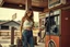 Placeholder: beautiful vintage photography with sepia tones, woman in tight jeans and a crop top pumping gas at a rustic country gas station, close-up, hyper detailed, trending on artstation, sharp focus, intricate details, highly detailed