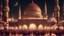 Placeholder: Hyper Realistic Photographic-View of lots of Muslim-Men praying inside a Massively-Huge-Beautifully-Crafted-Maroon-&-Golden Mosque with detailed-minarets & Ramadan-Light-Decorations-&-Lamps-&-a-water-fountain at beautiful-dark-night with dramatic-&-Cinematic-Ambiance