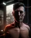 Placeholder: Ultra realistic photographic night portrait, cinematic, naked, young, all shaved, led lights <strong man> <hanging wires> many wires connected to the head <perfect pupil> <cyborg> <garage> <long shot view> <sci-fi futuristic> <thriller>, fog, soft color, highly detailed, unreal engine 5, ray tracing, RTX, lumen lighting, ultra detail, volumetric lighting, high definition.