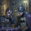 Placeholder: An oil painting of a dark universe masonic sad drunk batman and joker