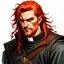 Placeholder: dnd, watercolour, illustration, portrait, realistic, rogue, male, sharp facial features, long red hair, green eyes, radiant, priest