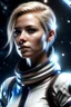 Placeholder: cosmos woman, blondhair, photorealistic, wet skin, space uniform, tanned skin, neckband,