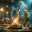 Placeholder: portrait of crazy cook and army officer shooting food with ligtening inside grove with huge fluffy levitating yoga hare with mutations getting blasted by explosions, 4 k, down-light, soft light, depth of field, photo realism, trending on art station, high detail, spray paint