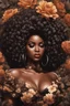 Placeholder: Create a aexpressionism art image of a curvy black female wearing a brown off the shoulder blouse, and she is looking down with Prominent makeup. Highly detailed tightly curly black afro. Background of large brown and black flowers surrounding her