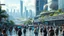 Placeholder: A futuristic scene depicting the bustling heart of a 2080 city center. The foreground features a diverse array of photorealistic individuals engaged with innovative, tech-enhanced elements - holographic displays, autonomous transportation, immersive public art. In the background, a panoramic vista of the larger city skyline - towering organic skyscrapers, elevated transit, verdant green spaces. Convey a sense of scale, depth and awe-inspiring technological wond