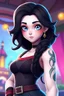 Placeholder: Beautiful; stunning; Blue eyes, long wavy black hair, porcelain skin character in fortnite (fortnite video game), (vivid), ((fortnite cartoon character)), fortnite animation, fortnite skin, (tilted towers fortnite map), full body shot, bright and dynamic coloring, (fortnite epic games)