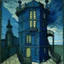 Placeholder: A dark blue tower with a balcony painted by Vincent van Gogh