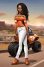 Placeholder: Create a digital airbrush cartoon of a curvy African American female wearing tight white jeans and a off the shoulder orange blouse. She is also wearing timberland boots. Prominent make up with hazel eyes. Highly detailed very long extremely dread locs black hair. Her skin is smooth and silky. Background of a track of ATV riders.