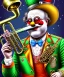 Placeholder: mechanoid happy old friendly fat clown with trimmed beard playing jazz with a steampunk theme, trumpet, realistic