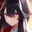 Placeholder: Clear focus,High resolution,8k, Beatiful Lighting, black long fluffy hair, long fluffy bangs, purple eyes, wearing a miko outfit, extreme close up