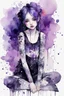 Placeholder: Petit girl goth many tattoos on his body, siting, fullbody, watercolor illustration by <agnes cecile>, purple tones,