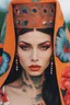 Placeholder: Beautiful Arab woman, petite, short, big eyes and lips, vibrant color, neck tattoo and full sleeves tattoo, thin, tattoos connected, Full coverage chest tatoo, tattoo style complex and colorful and large drawings by (petra collins|roe ethridge, elllen von unwerth, Jan Saudek)