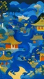 Placeholder: A dark blue village with a dragon palace designed in Chinese paper art painted by Paul Ranson