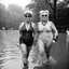 Placeholder: [photo by Diane Arbus] Tank Girl and Madonna as middle age ladies wearing swimsuits caught in a heavy summer rain in central park, happy with no inhibitions