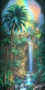 Placeholder: Triipy rainbow turquoise neon waterfall with palm trees sparkling at night in a cave detailed realistic glowing