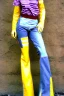 Placeholder: Photograph of a woman. Low waist jeans! bright blue jean,baggy, 1996!Huge plant prints on denim,terracotta,cream,purple,lilac. Cream colored latex parts. imperial yellow, red plum stripes, only on the top half of t-shirt. European daft punk woman. Mantle is sewed of recycled Denim and sewed together of recycled polymer felt. lace, Yellow(Munsell) areas. hint of orange as effect color!!Big bright purple/khaki felt tippet and cream or blue or lilac colored-hood. mantle is merged with cobalt bole