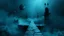 Placeholder: passage over nothingness, surreal, dark and cold abstract artwork dominated by deep blue, icy cyan, charcoal black and muted steel-grey tones. An narrow passageway emerges from an abstract distorted weird landscape, surrounded by thick fog and drifting mist. The space feels nightmare, alien and unsettling, with floating circle and arrows geometric forms, black onix towers architectural fragmented and unnatural perspectives. At the center of the composition cracked stone way over abyss