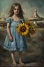 Placeholder: solemn girl in a worn blue dress stands barefoot in a dusty carnival setting, holding a sunflower. A carousel and faded tents loom in the background, with shadowy horses nearby.