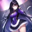 Placeholder: Clear focus,High resolution, black long fluffy hair, long fluffy bangs, purple eyes, wearing a super hero outfit, wearing a short skirt,