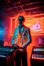Placeholder: French cool synth player, he is called "Jean-Maurice Brûlée" performing at dance club, his name is "Jean-Maurice Brûlée" , white and orange Neon lights and orange smog, and "URANIUM" big sign on the wall, he is playing on synthesizers on stage with lot of laser beams and wearing black sunglasses, an earth is projected in background