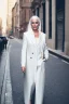 Placeholder: a woman white hair luxury stlye in a street