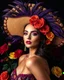 Placeholder: Photorealism Studio lightning perfection body beautiful pretty supermodel luxury glamours makeup artistic,wearing adorned large hat Mariachi mexican fashion Adorned Majestic feathers, fiery purples, deep blues, stark black bg, assortment of roses, full bloom, yellow, red, contrast, artistic flair, intricate details, textures, natural beauty, harmonious blend, adorned flowers background