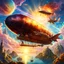 Placeholder: A zeppelin flying in a fantasy sky next to fantasy creatures. Light, Sunset, Happy, Fantasy. Magical. Epic. Dramatic, highly detailed, digital painting, masterpiece