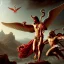 Placeholder: The winged messenger Hermes delivering a message to Zeus but Zeus is a Hydra. Medusa and the Minotaur are fighting in the background. High definition oil painting.